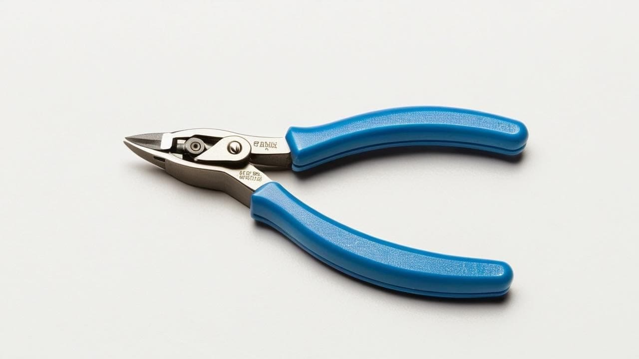 Flush-cutting jewelry wire cutters with blue handles on a white surface