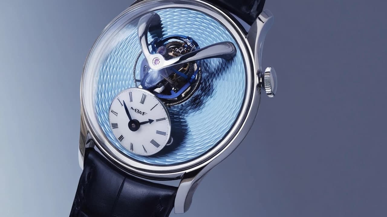 MB&F Legacy Machine with ice-blue guilloche dial, flying tourbillon and tilted subdial