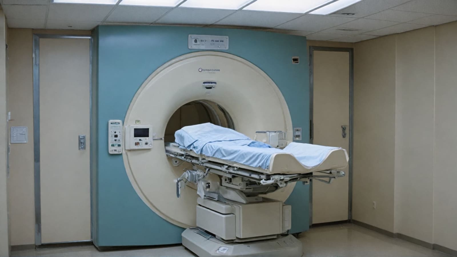 MRI scanner with padded patient table in a hospital scan room