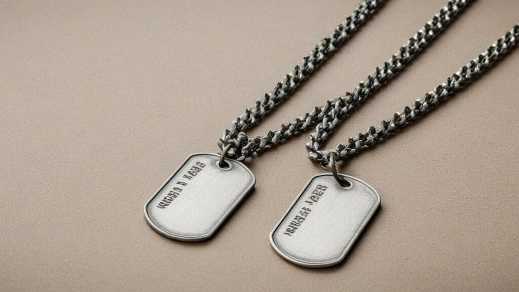Pair of matching silver dog tags on ball chains featuring engraved names, ideal for couples or memorial remembrance jewelry