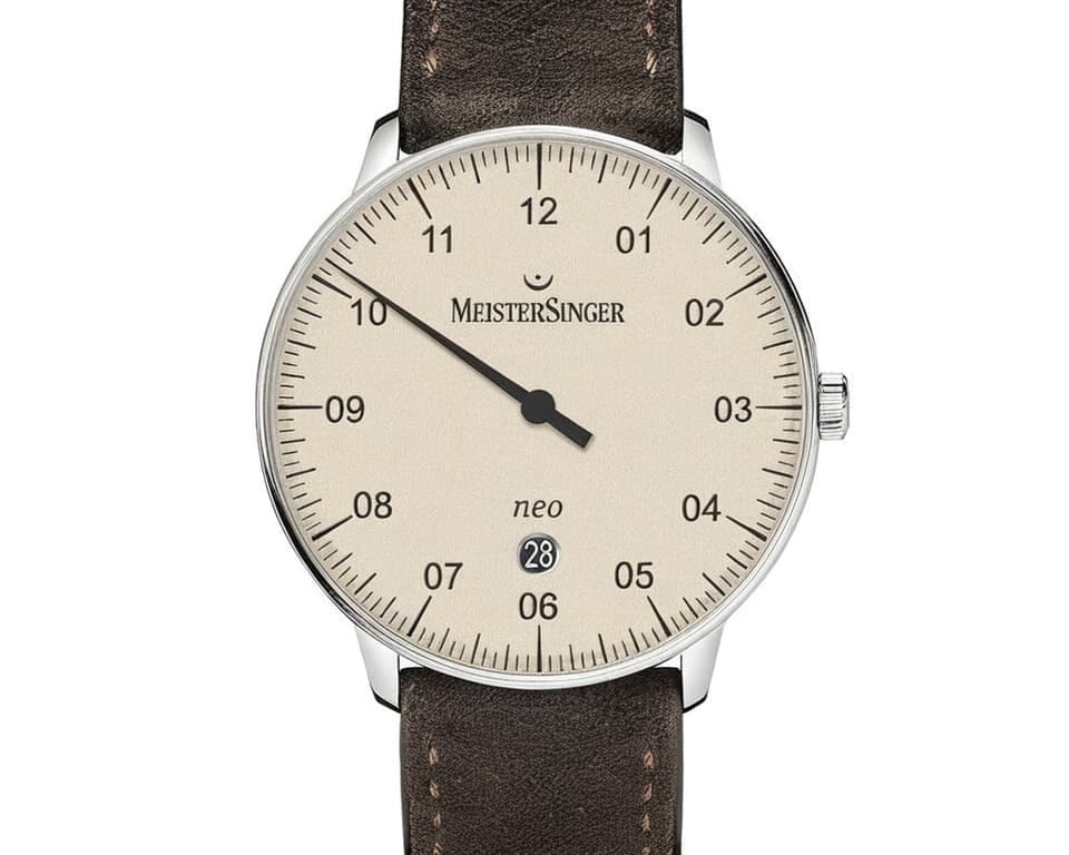 MeisterSinger Neo single-hand watch with ivory dial and dark brown suede strap