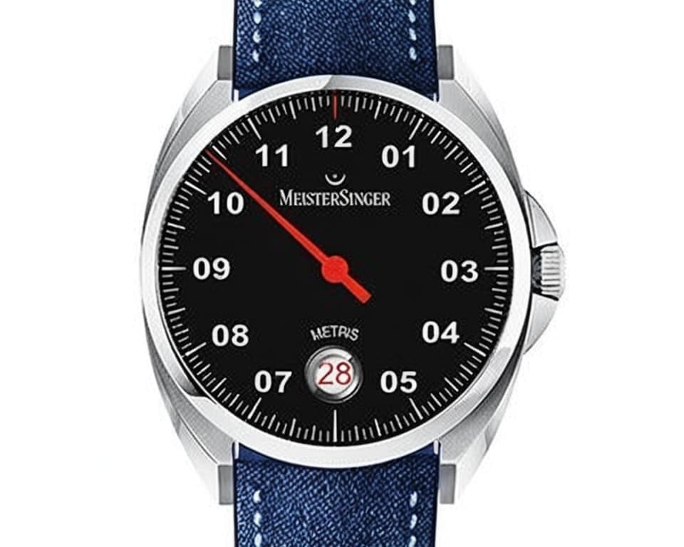 MeisterSinger single hand watch with black dial, red hour hand, date window, and blue canvas strap showing the distinctive one hand design