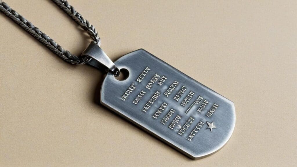 Detailed view of military dog tag showing engraved information including name, identification number, blood type, and religious preference on stainless steel finish