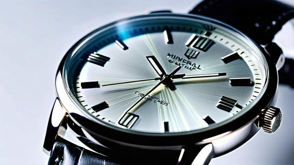 Silver watch with mineral glass crystal displaying visible surface scratches across minimalist dial