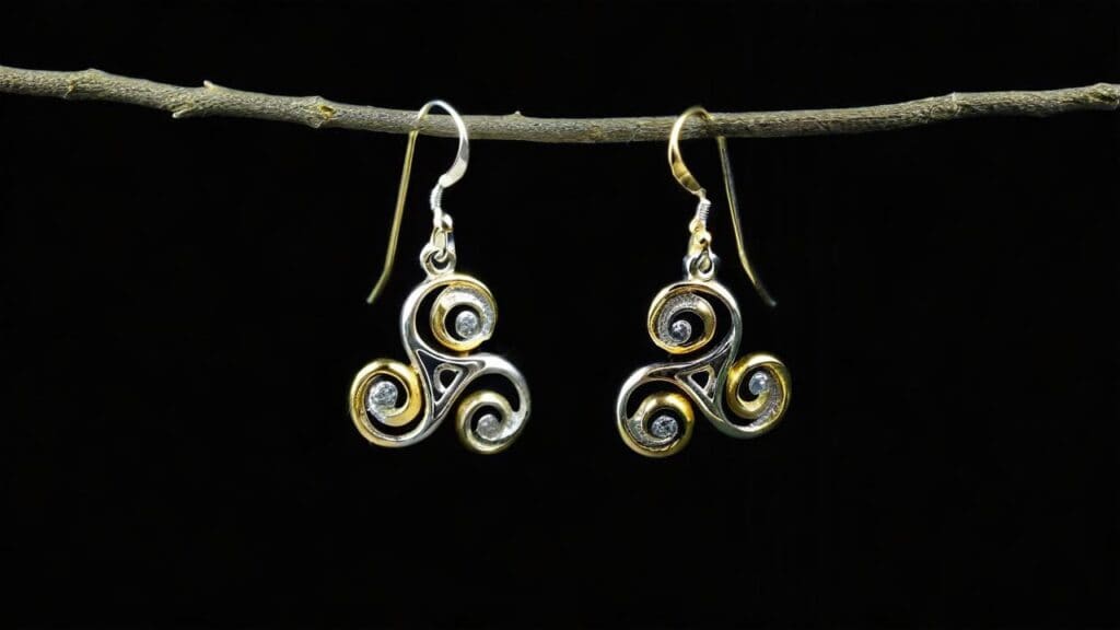 Delicate triskelion earrings combining silver and gold metals with small diamond accents, displaying the traditional three-spiral Celtic design