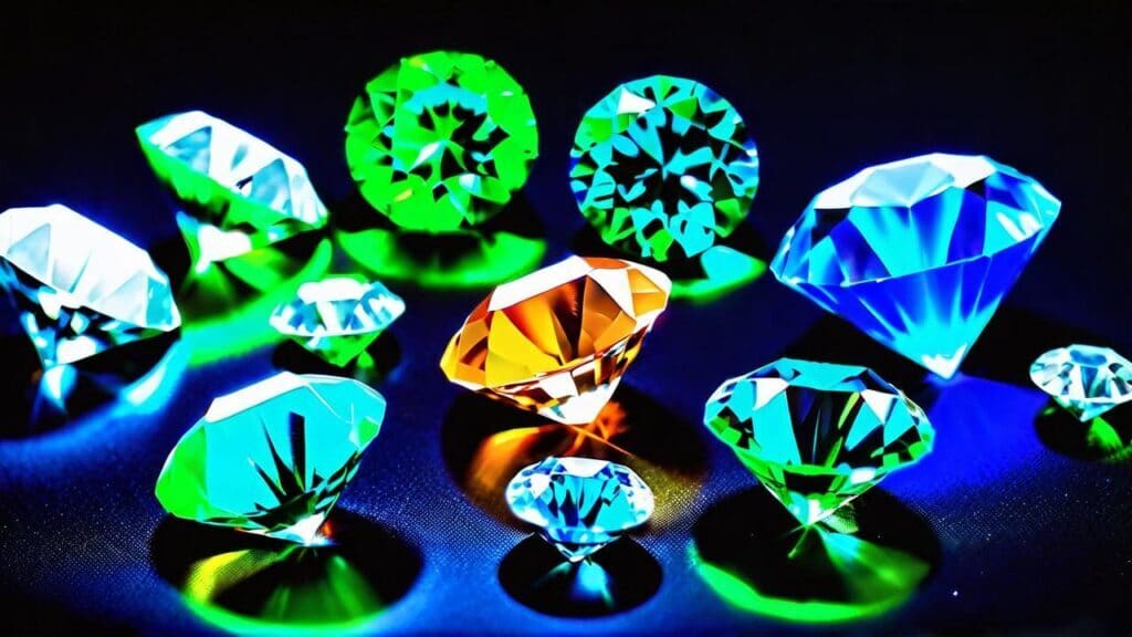 Collection of loose diamonds showing various fluorescence colors including blue, green, and orange under UV light