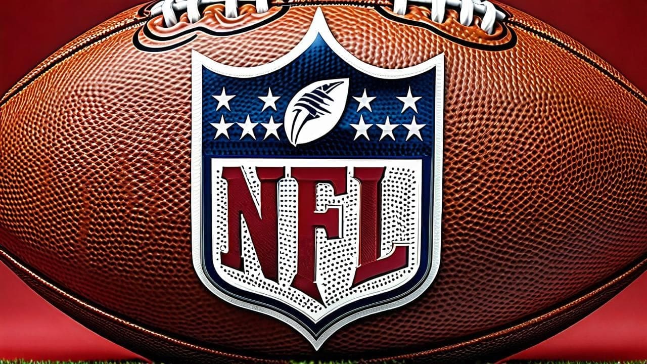 Close-up of an American football stamped with the NFL shield logo