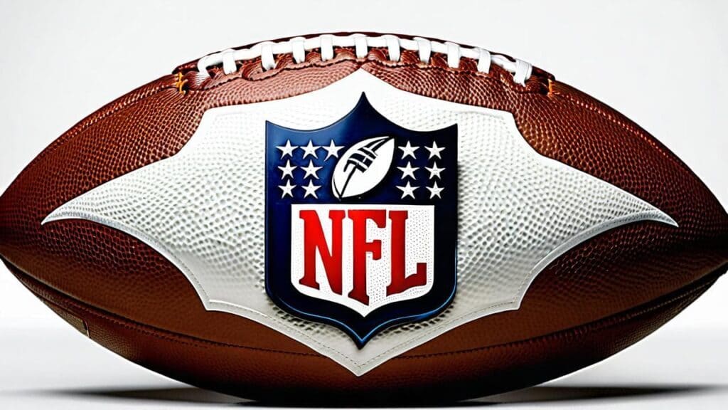 Official NFL football with league shield logo on white background, representing the sport whose champions receive Super Bowl rings