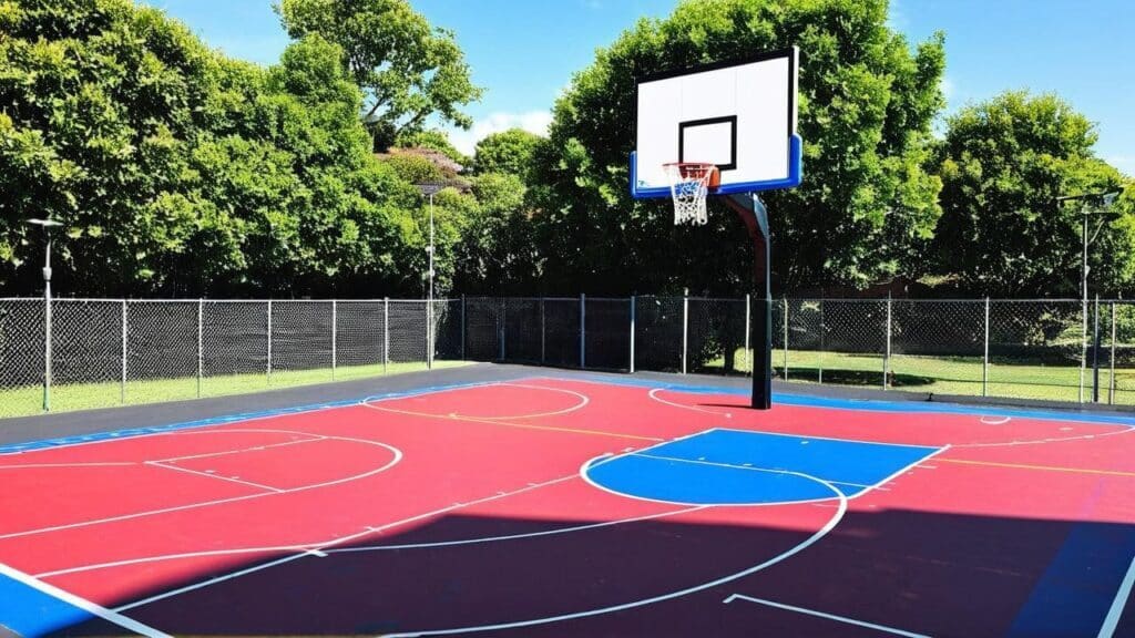 Vibrant outdoor basketball court with red and blue paint markings, where future NBA champions first develop their skills and passion for the game.