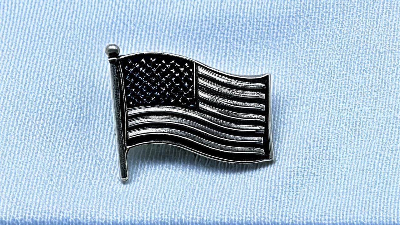 Silver American flag lapel pin on pale blue fabric