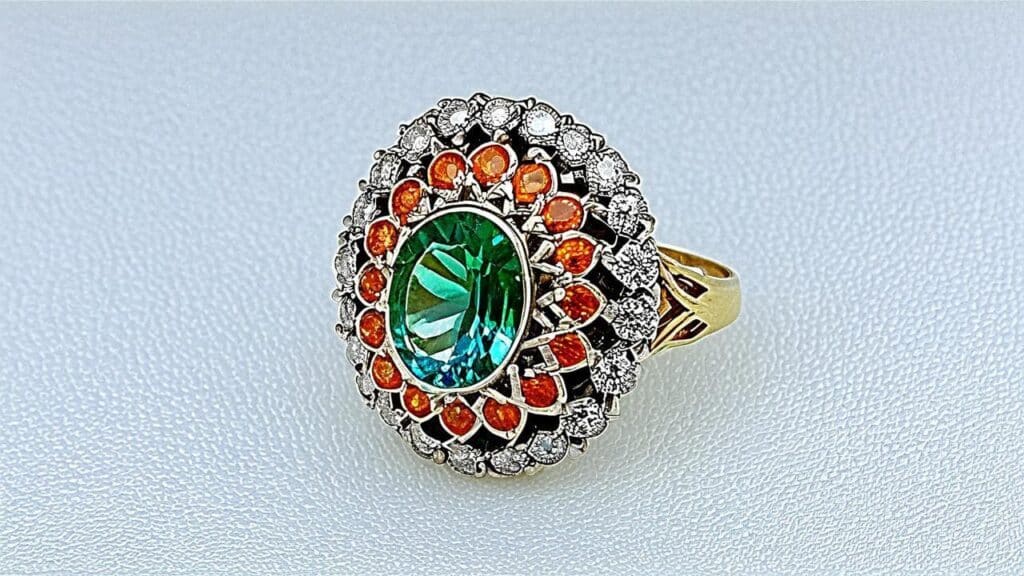 Vibrant cocktail ring with green central stone surrounded by orange gems and diamonds, exemplifying the return to bold luxury jewelry designs after World War II restrictions ended