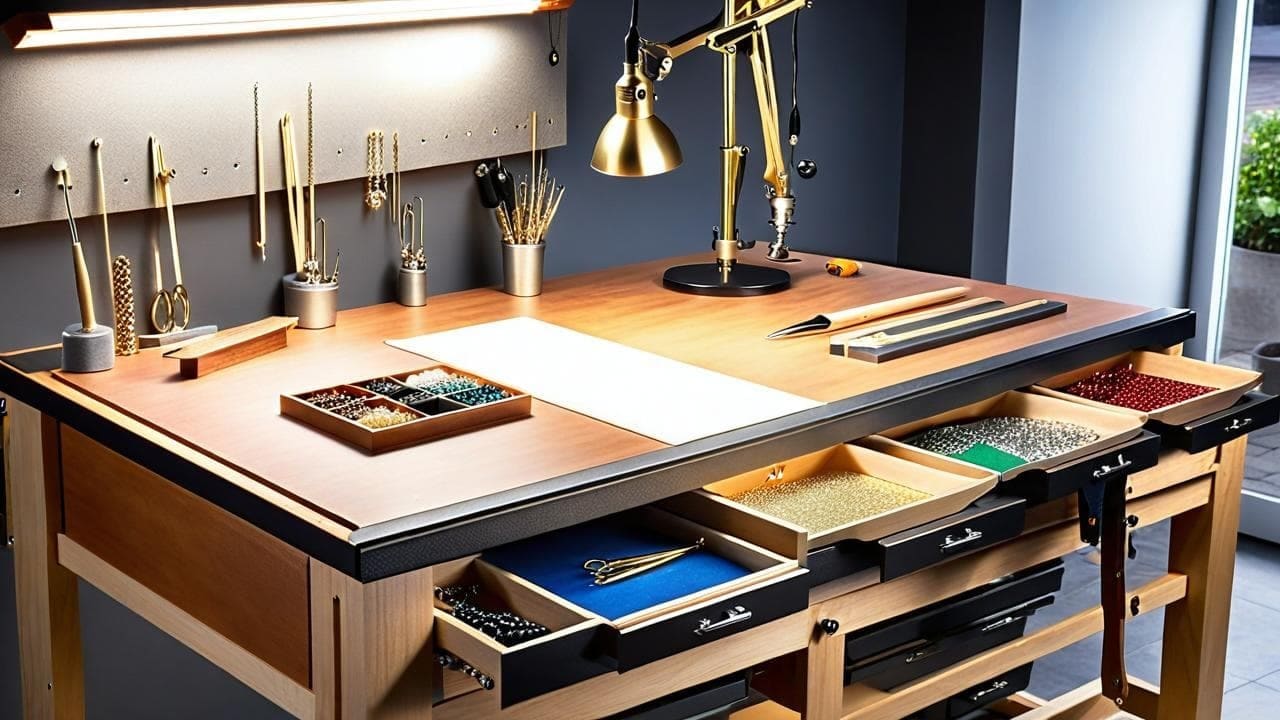 Jeweler's bench with tools, bead trays and an open drawer under a lamp