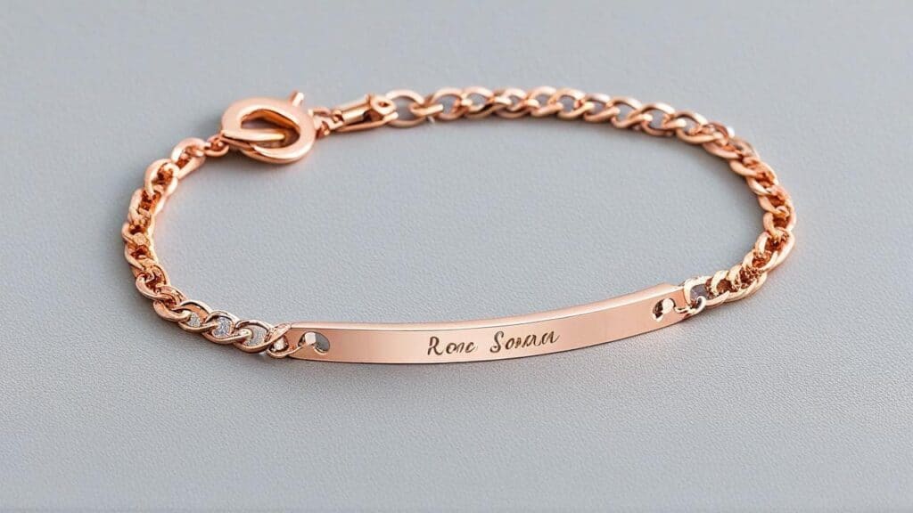 Rose gold chain bracelet with personalized engraving - custom name jewelry with toggle clasp on gray background