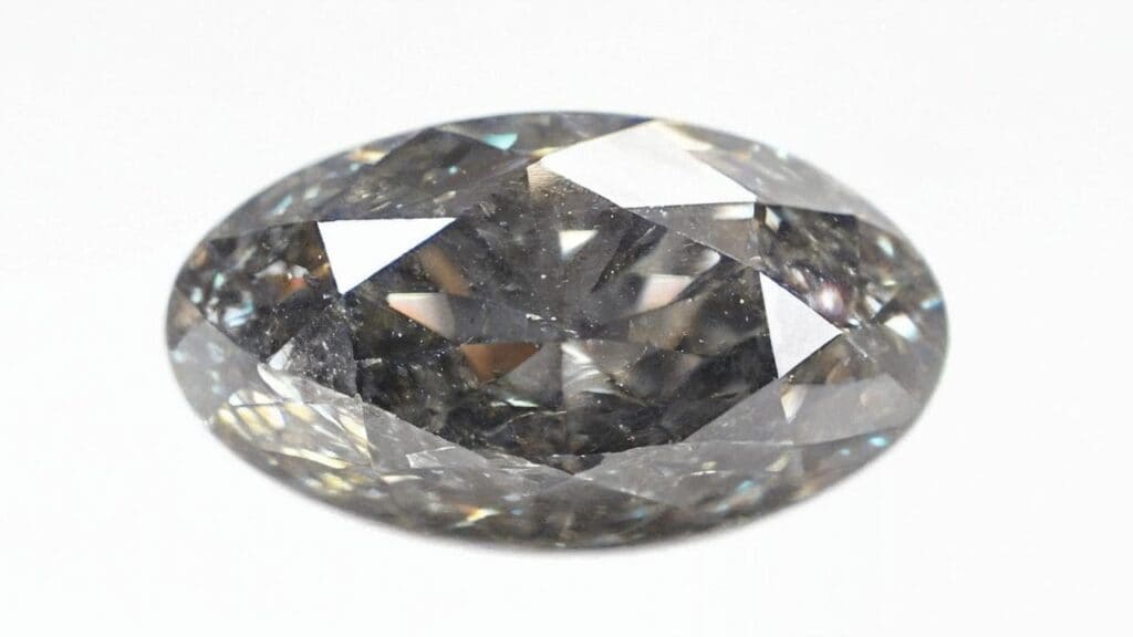 Close up of salt and pepper diamond showing brilliant facets and characteristic black and white inclusions in transparent stone