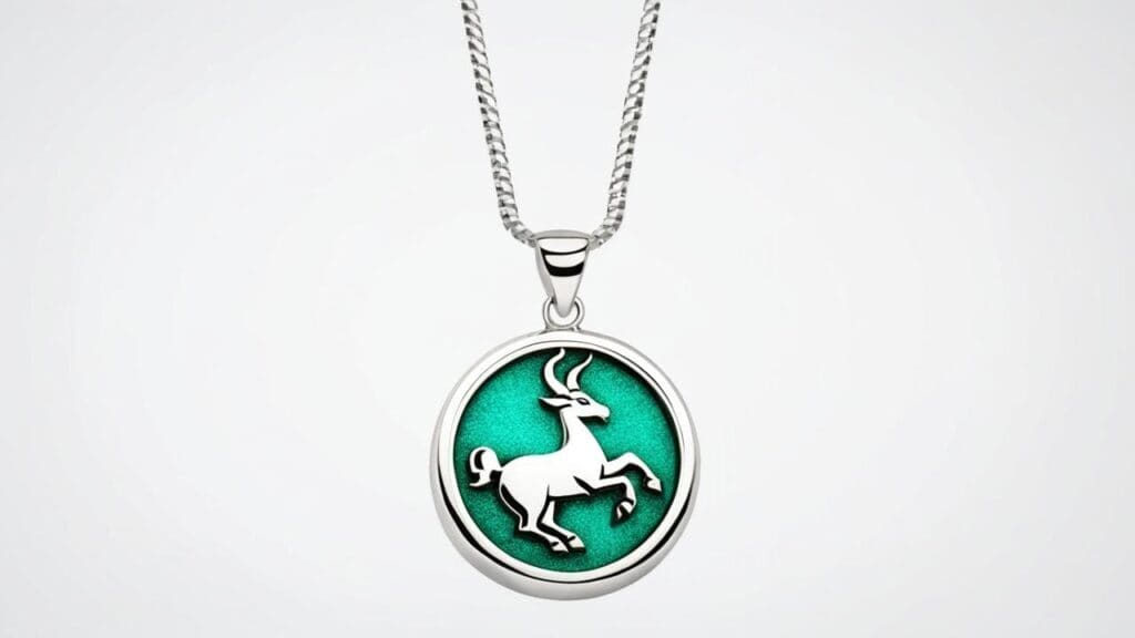 Silver Capricorn goat pendant with turquoise background