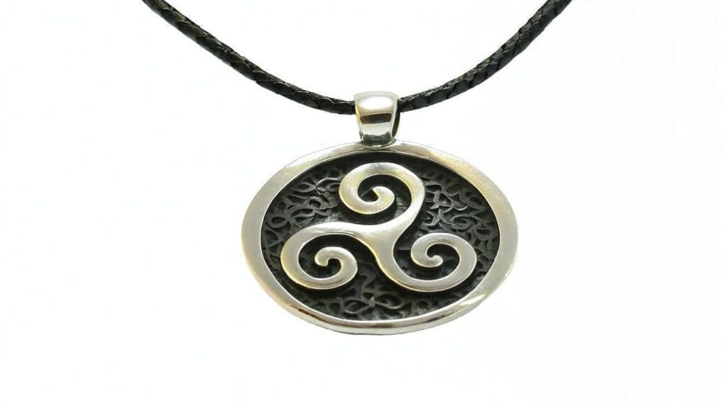 Sterling silver triskelion pendant featuring three spiral arms on dark textured background with Celtic knotwork pattern