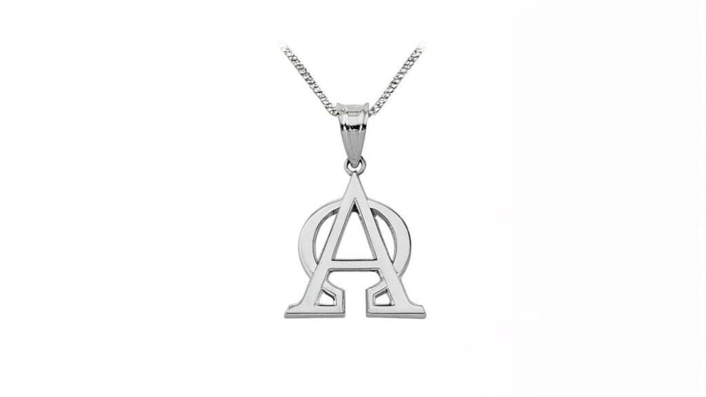 Polished sterling silver Alpha Omega pendant on box chain symbolizing Christian faith and divine eternity