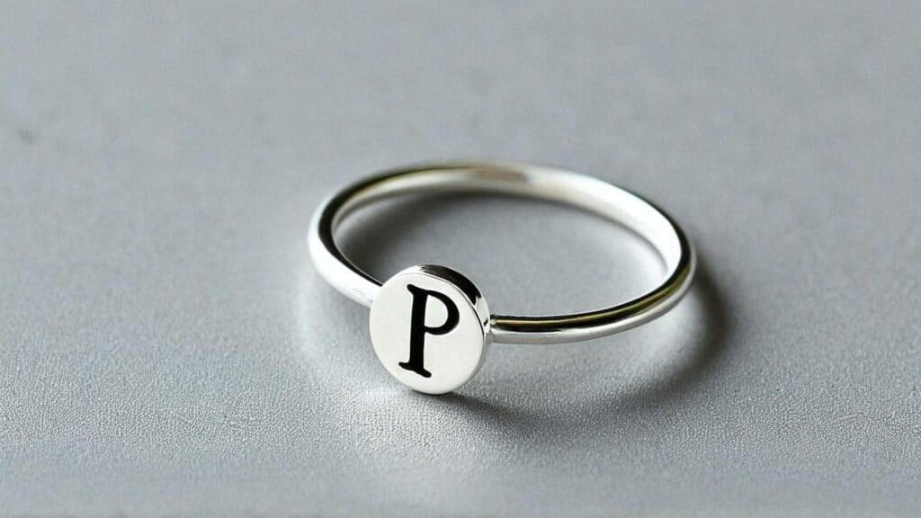 Silver initial ring featuring letter P - simple personalized sterling silver jewelry piece with round letter charm