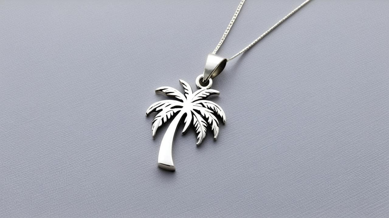 Sterling silver palm tree pendant on a fine chain against grey
