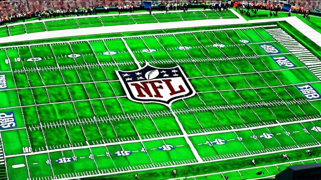 NFL football field with official league logo at midfield, where championship teams compete for Super Bowl rings