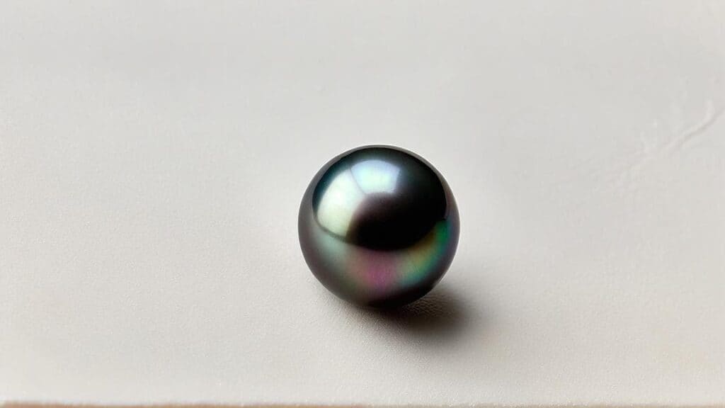 Black Tahitian pearl with peacock overtones showing the distinctive dark color and iridescent surface