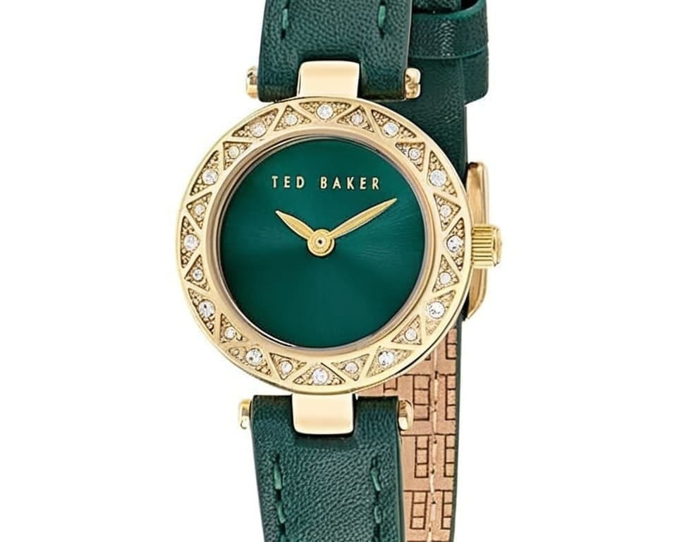 Ted Baker women's watch with green dial, gold crystal bezel, and green leather strap