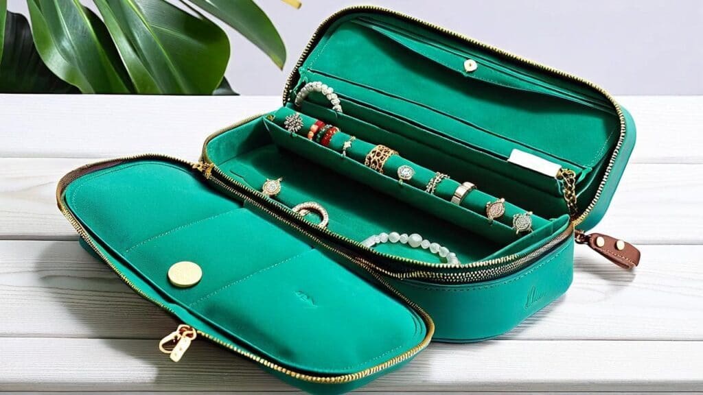 Portable emerald green travel jewelry case with zippered compartments, ring organizer slots, and separate sections for bracelets