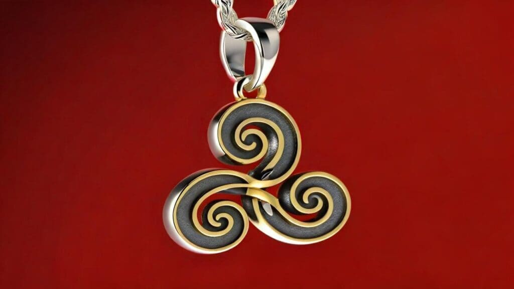 Modern triskelion pendant with gold spiral design on dark background, suspended from silver chain against vibrant red background