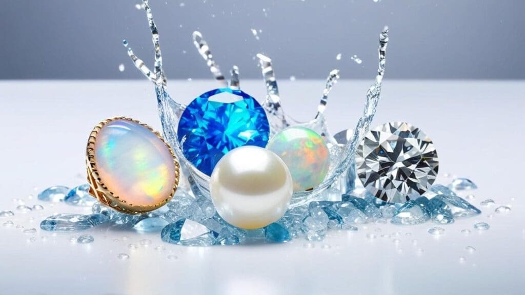 Various gemstones including opal, blue sapphire, pearl and diamond with water splash showing why jewelry shouldn't be worn in shower
