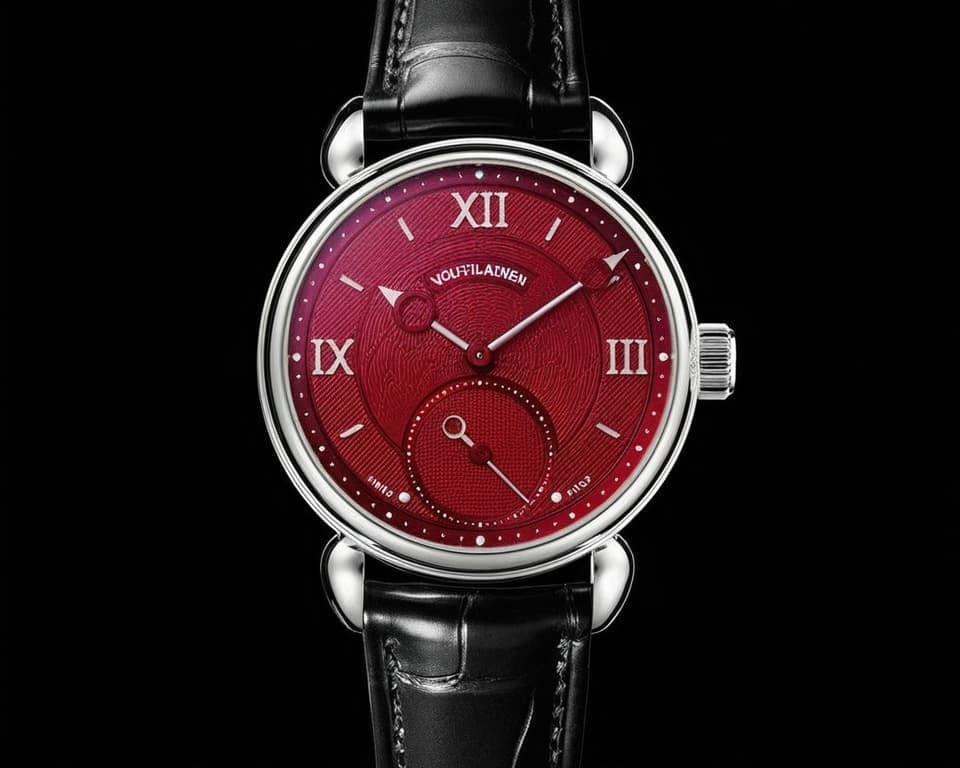 Voutilainen watch with red hand-guillochéd dial featuring Roman numerals, small seconds subdial, and white gold case on black leather strap