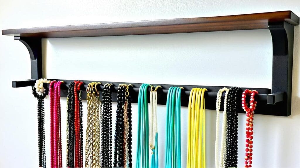 Wall-mounted wooden jewelry organizer with multiple hooks displaying colorful necklaces and beaded chains, preventing tangling
