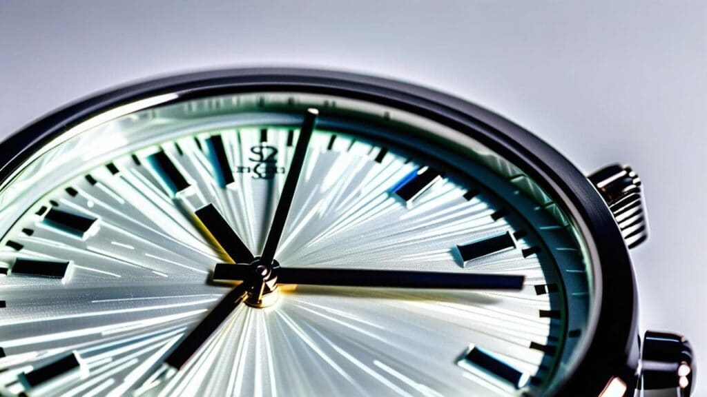 Detailed close-up of watch crystal with multiple fine scratches visible across sunburst pattern dial