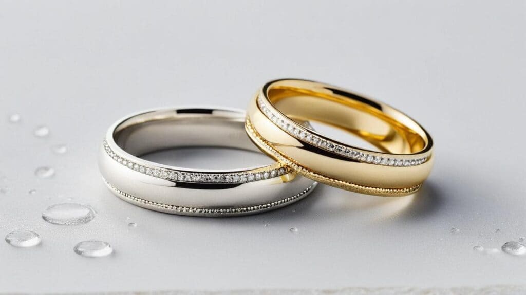 White gold and yellow gold wedding bands with diamond accents on surface with water droplets showing shower risk