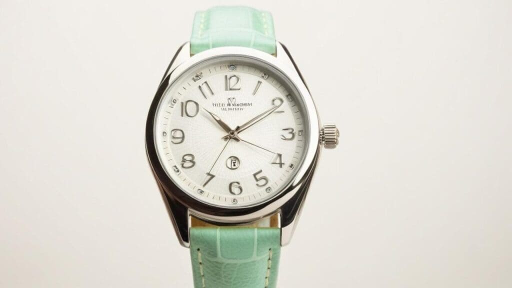 Modern wristwatch with silver case and mint green strap, representing the practical timepieces that gained popularity during World War I when soldiers needed hands-free timekeeping in combat