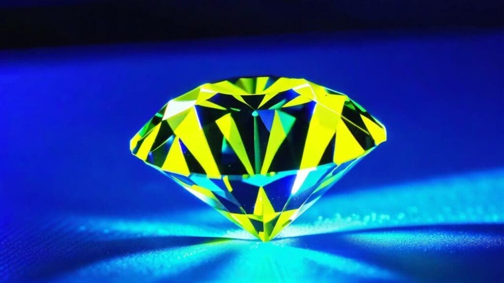 Diamond exhibiting rare yellow-green fluorescence under UV light showing unique color response