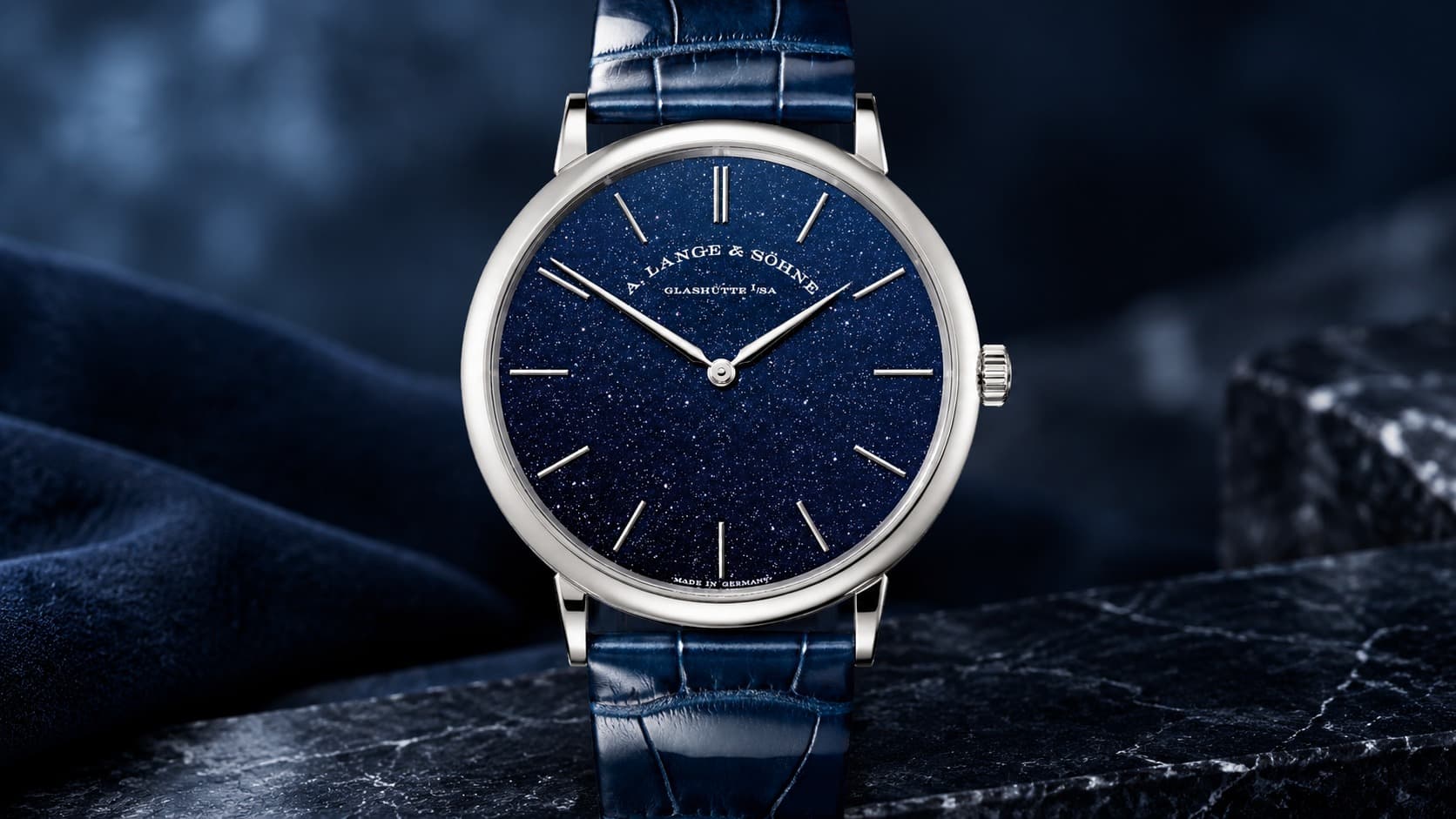 A. Lange & Söhne Saxonia Thin watch with blue aventurine dial and alligator strap