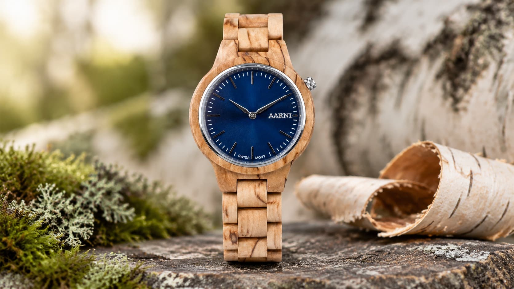 Aarni Vega wooden watch made from curly birch with blue dial