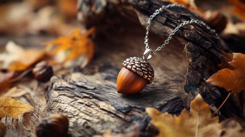 Natural acorn pendant necklace on rustic wood with autumn leaves, symbolizing connection to nature and personal growth.