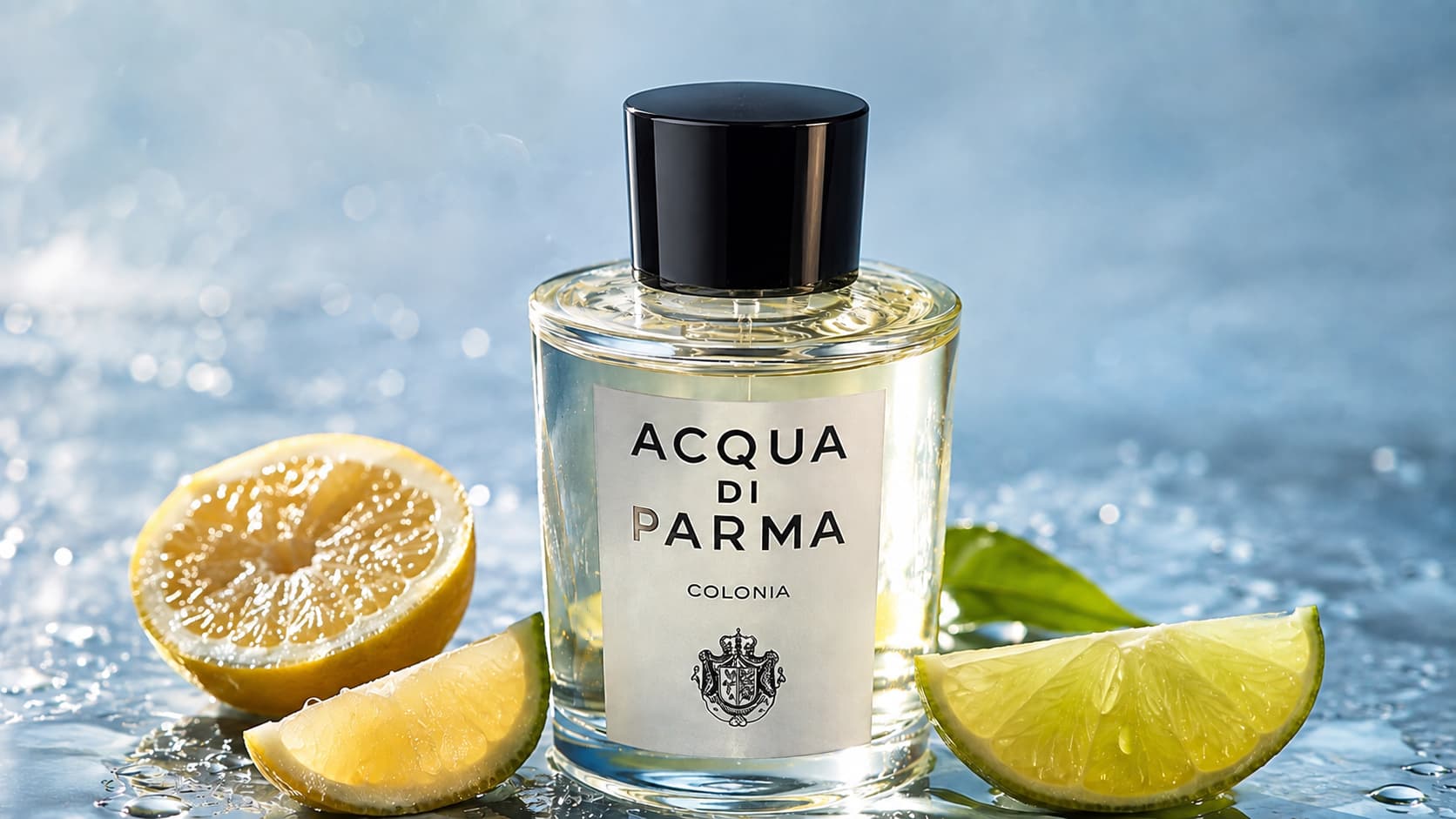 Acqua di Parma Colonia bottle with lemon and lime slices, representing citrus top notes