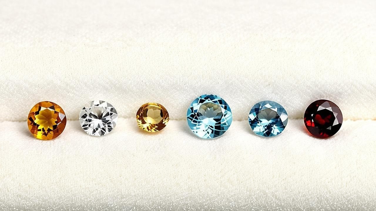 Row of round-cut gemstones in citrine, white topaz, blue topaz and garnet on white velvet