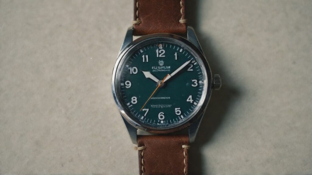 Affordable German pilot watch with green dial and brown leather strap showcasing classic German watchmaking design and quality