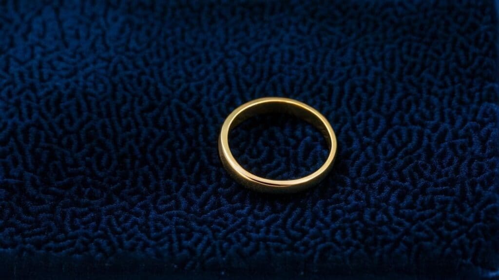 Simple gold band ring on velvet surface, representing timeless and affordable jewelry for daily wear.