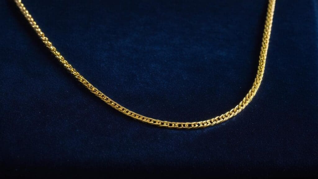 Minimalist gold chain necklace displayed on dark background, representing affordable everyday jewelry style.
