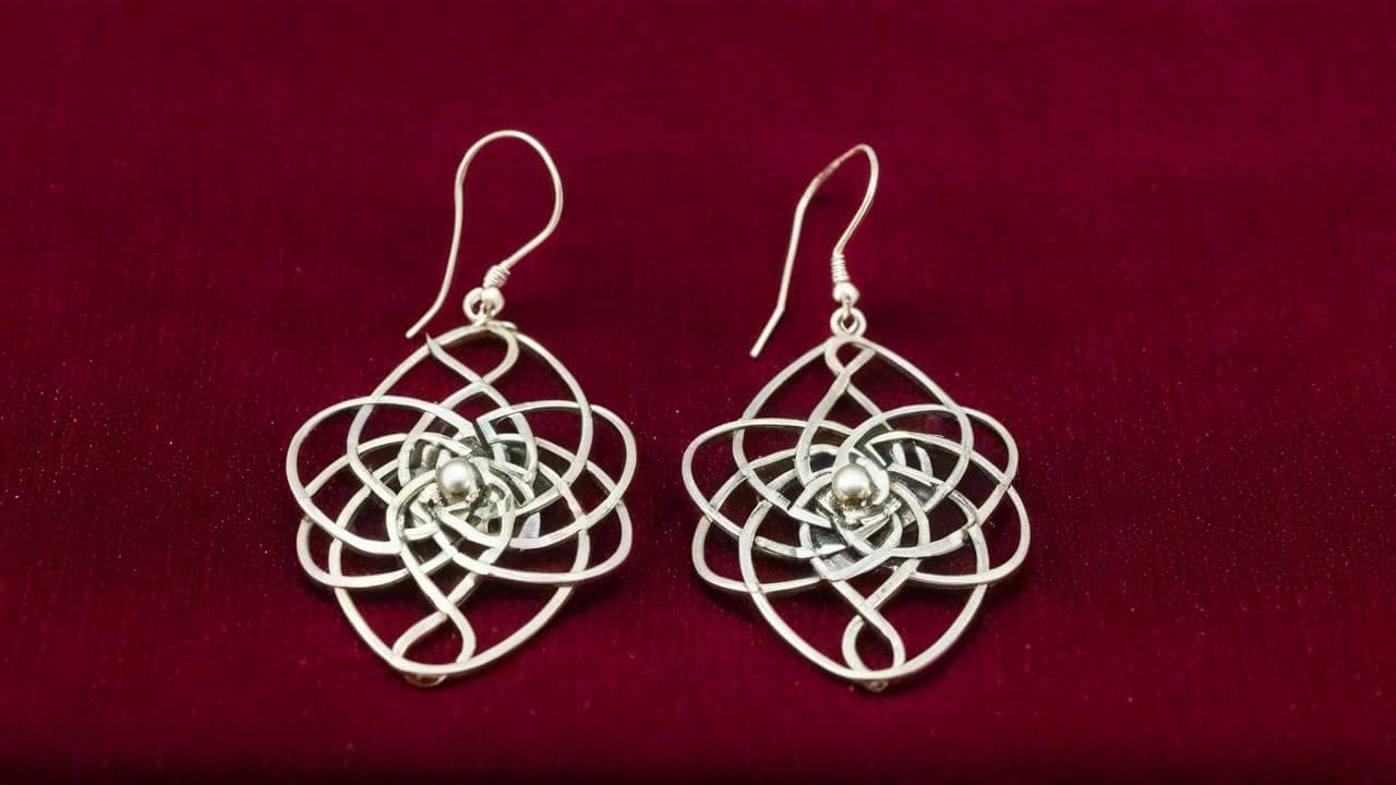 Silver openwork swirl drop earrings with pearl centers on red velvet