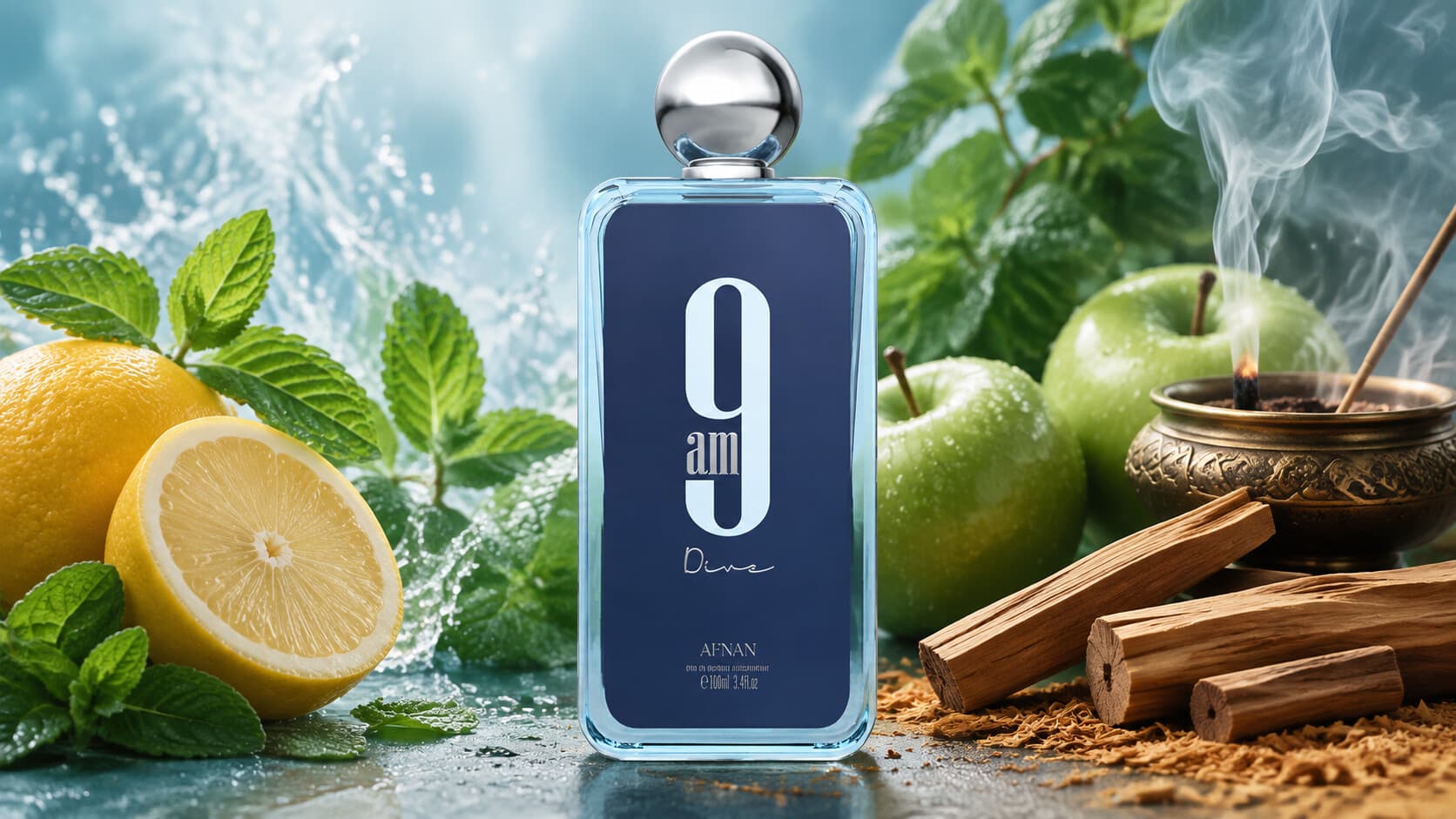Afnan 9AM Dive fragrance bottle with lemon, mint, and sandalwood
