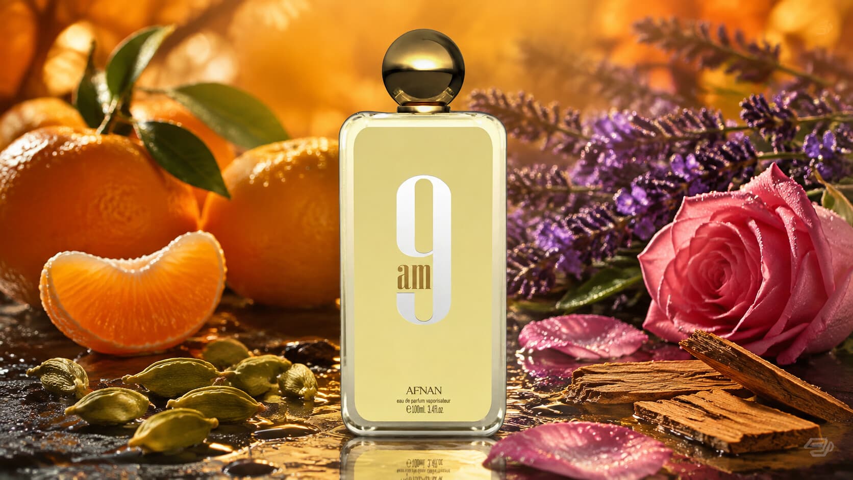 Afnan 9AM eau de parfum bottle with mandarin, cardamom, and rose