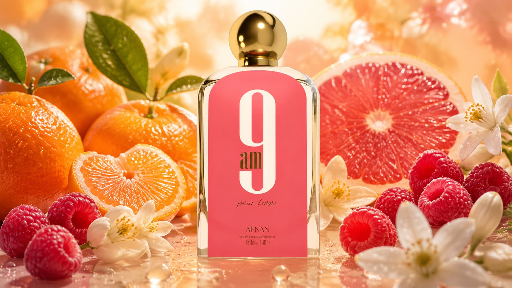 Afnan 9AM Pour Femme fragrance bottle with mandarin orange and raspberry