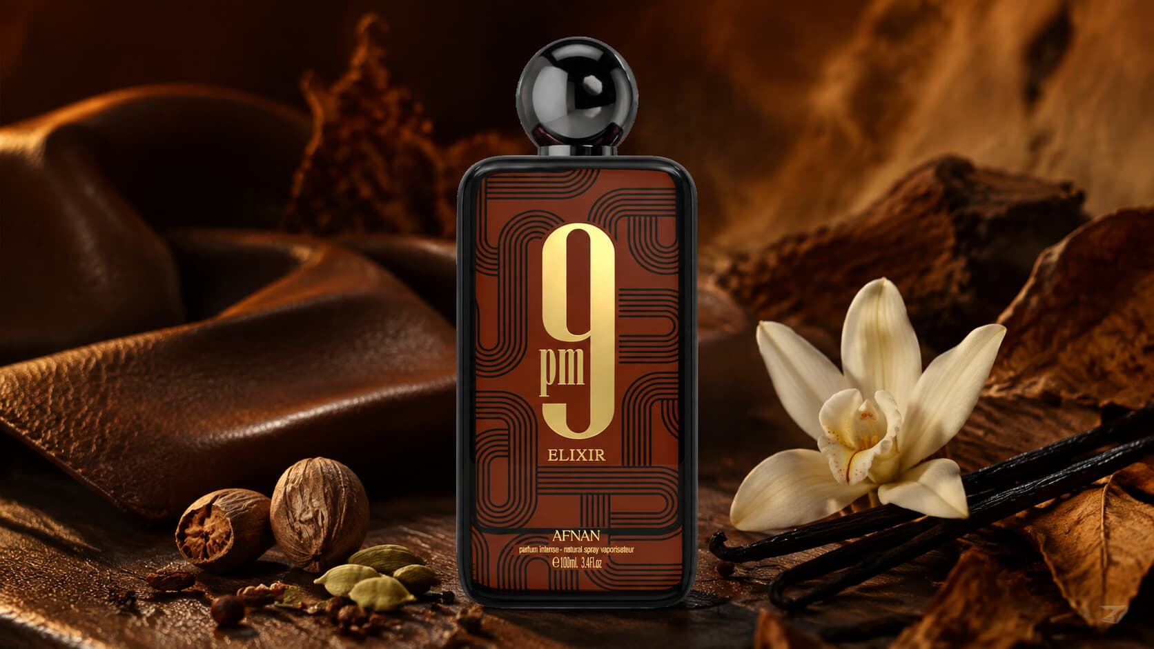 Afnan 9PM Elixir extrait de parfum bottle with nutmeg, cardamom, and leather