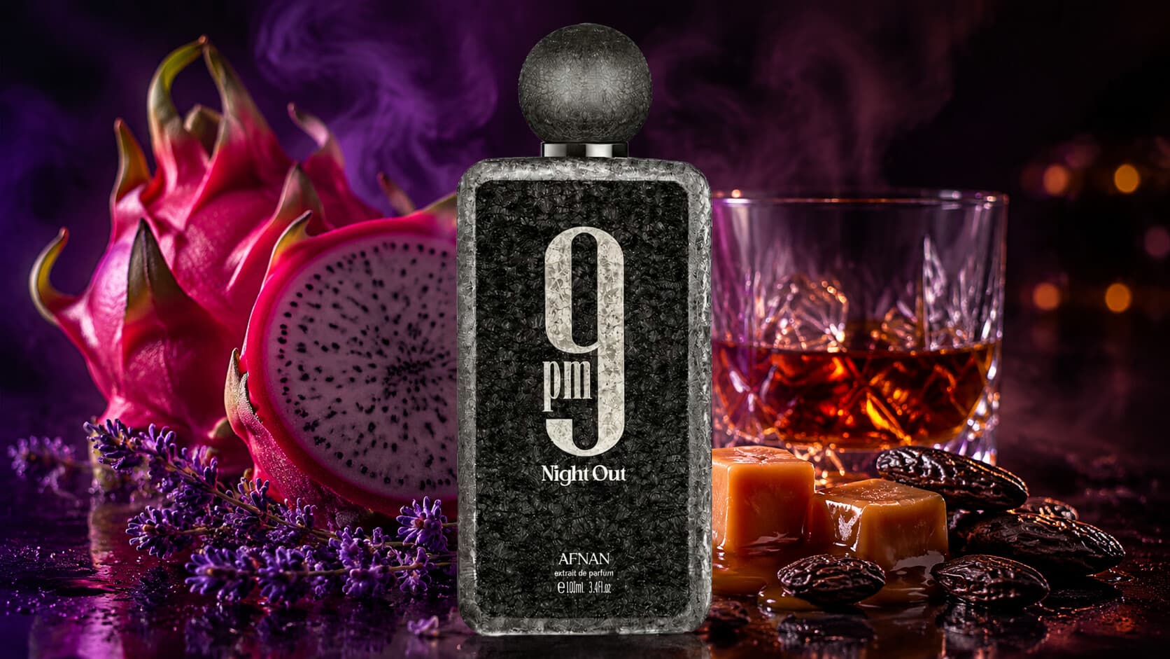 Afnan 9PM Night Out extrait de parfum bottle with dragon fruit and cognac