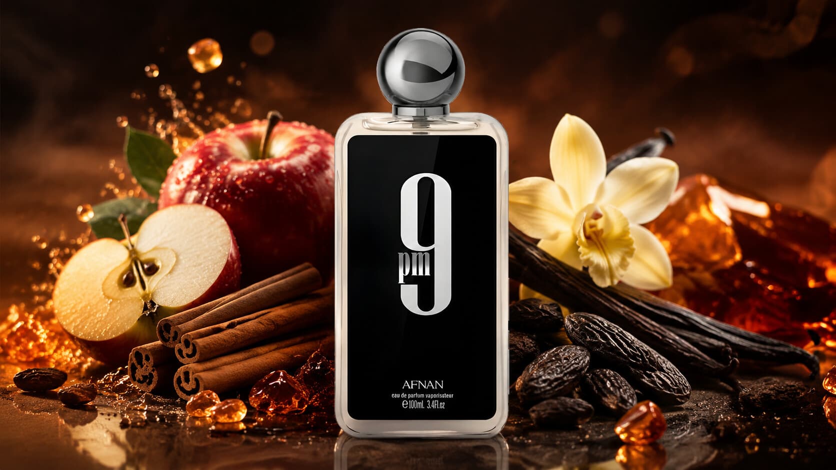 Afnan 9PM eau de parfum bottle with apple, cinnamon, and vanilla